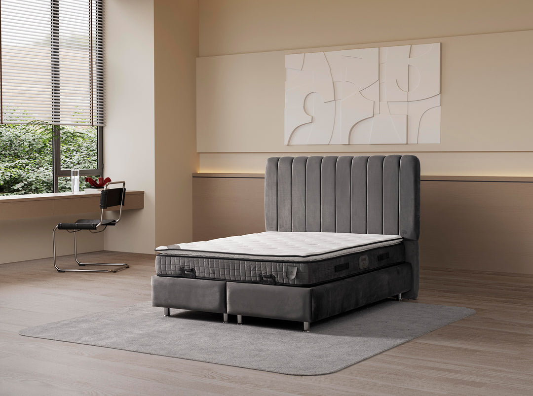 Lit à sommier tapissier Alice gris avec coffre de lit 180 x 200 cm