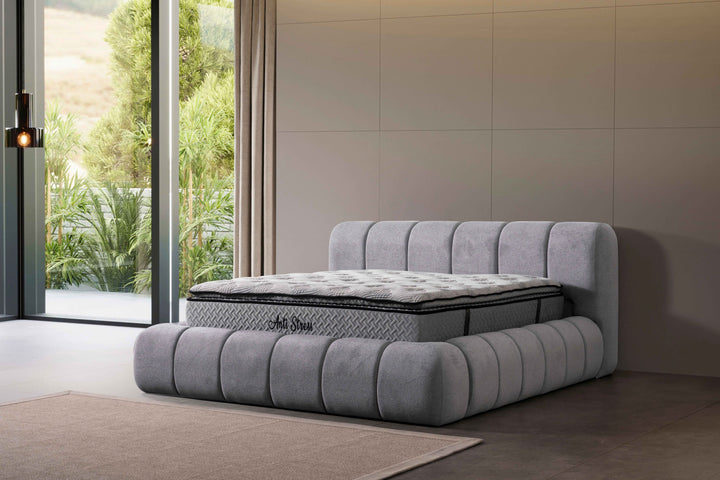 Lit à sommier tapissier Bubble avec coffre de lit 160 x 200 cm en gris