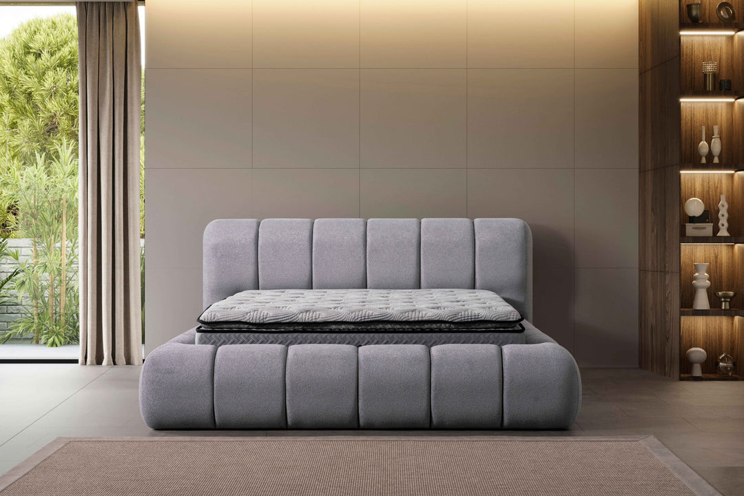 Lit à sommier tapissier Bubble avec coffre de lit 160 x 200 cm en gris